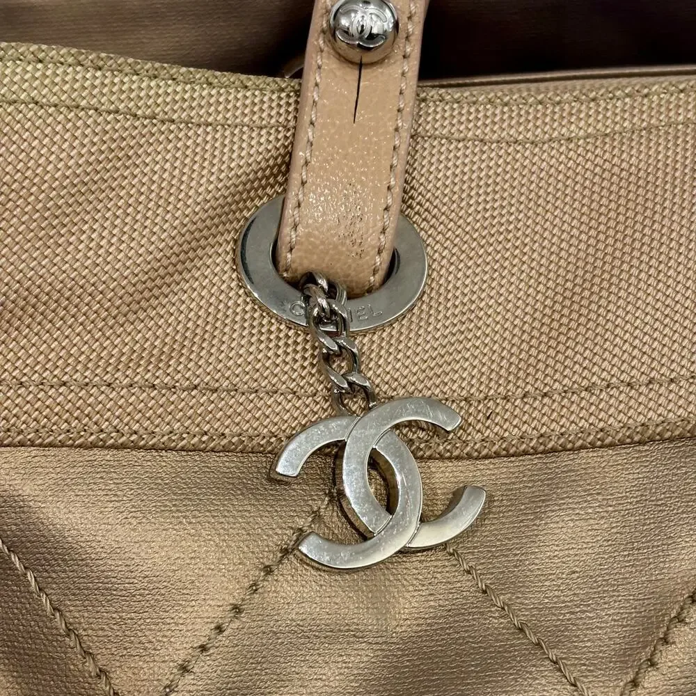 Authentic Chanel Paris Biarritz CC Large Tote Bag Gold Tan Coated Canvas Handbag